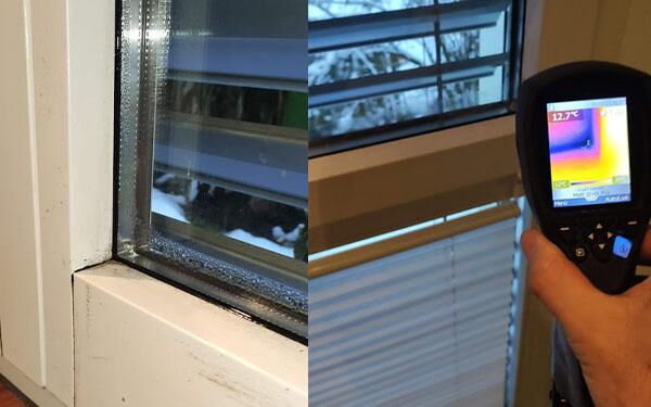 Kombiniertes Bild von Fenstern, einmal mit Kondenswasser, einmal mit einer Wärmebildkamera, die auf die Fensterränder zielt